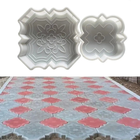 Two Piece Stepping Brick Molding Form Set For Concrete And Cement Diy Projects Easy To Use Reusable Template For Backyard Pathways Garden Lawn Patio Walkways Large 28 Cm Square And Small 22.5 Cm Square Stone Forms shown with finished pathway