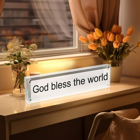 Acrylic Desk Name Plate Holder For Office 2x8 Inch Double Sided Block Clear Table Sign Stand with 'God bless the world' text displayed