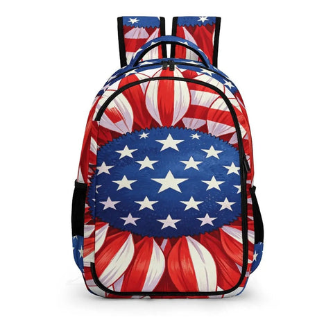 USA Flag Sunflower Printed Unisex Backpack with Large Capacity Durable Polyester Daypack front view.