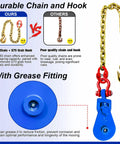 2 Ton Snatch Block Kit With G80 Chain And G70 Hook For Three Eighths Inch Wire Rope Beefy Heavy Duty Winch Gear For Flatbed Tow Trucks Rollback Wreckers Car Carriers Blue, with grease fitting
