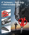 4-inch braid scissors with soft grip, shown clipped to a bag, part of the 7 Piece Fishing Tools Kit With Fillet Knife Split Ring Pliers Braid Scissors Fish Gripper 35 Inch Ruler Sharpener And Lanyard For Saltwater And Freshwater Go To Gear Gift For Men.