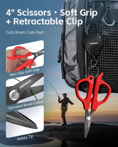 4-inch braid scissors with soft grip, shown clipped to a bag, part of the 7 Piece Fishing Tools Kit With Fillet Knife Split Ring Pliers Braid Scissors Fish Gripper 35 Inch Ruler Sharpener And Lanyard For Saltwater And Freshwater Go To Gear Gift For Men.