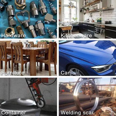 Collage showing various items: hardware, kitchenware, furniture, car, container, and welding scar, illustrating diverse uses.