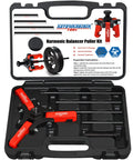 Harmonic Balancer Puller Kit With Adjustable 3-Jaw Puller And Forcing Screw Fits Three Eighth Inch Square Drive Includes 4 Forcing Rods No Fuss Quick Removal Of Harmonic Dampers And Balancers Without Removing Radiator in a black carrying case with red components.