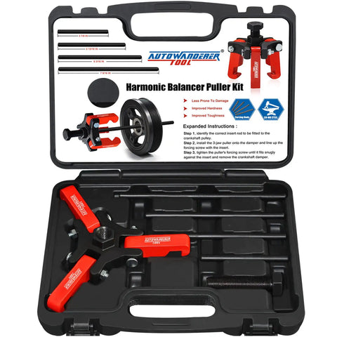 Harmonic Balancer Puller Kit With Adjustable 3-Jaw Puller And Forcing Screw Fits Three Eighth Inch Square Drive Includes 4 Forcing Rods No Fuss Quick Removal Of Harmonic Dampers And Balancers Without Removing Radiator in a black carrying case with red components.