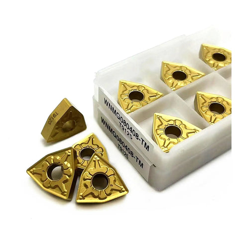 Turning Inserts For Hard Steel 10 Pcs WNMG080404 WNMG080408 TM T9125 Coated External Lathe Tools For Fast Cuts Low Friction High Wear And Heat Resistance Made For Real World Tough Jobs. gold WNMG inserts in plastic case