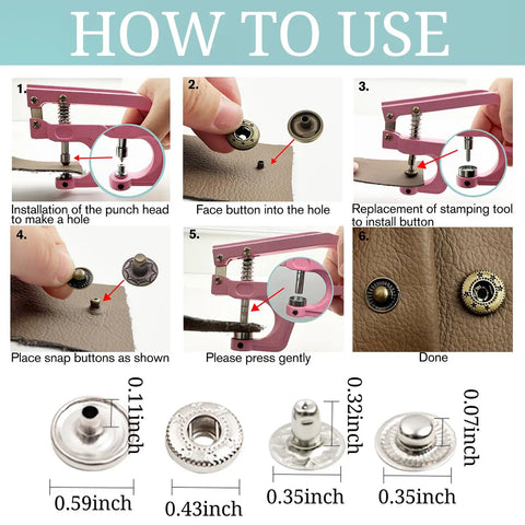 Step-by-step guide using 50 Sets Metal Snap Buttons Kit With Pliers 15mm Leather Snap Fasteners for Clothes and Gear.