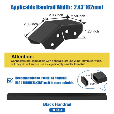 Handrail Connector Sleeve For Horizontal To Stair Upper Joint In Deck Cable Railing Black Powder Coated Aluminum Rectangular Handrail Connector