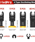 TrivdPro oscillating blades set; four blade types with 45/5/5/45 pcs for metal, wood, plastic on a multi-tool