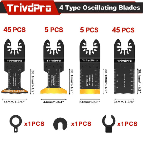 TrivdPro oscillating blades set; four blade types with 45/5/5/45 pcs for metal, wood, plastic on a multi-tool
