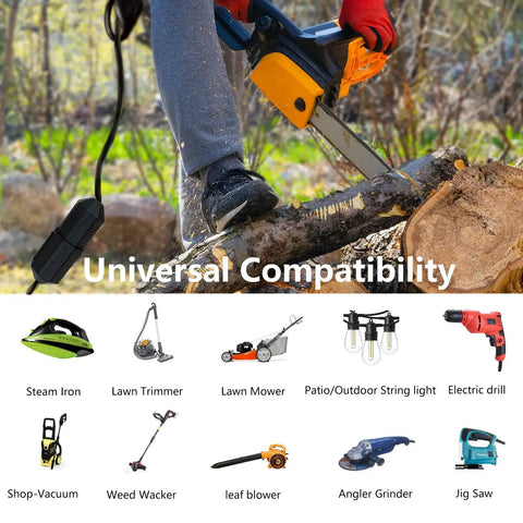 Person using chainsaw with 100 Ft No Fuss Outdoor Extension Cord With Multiple Outlets For Indoor And Outdoor Use Waterproof 16 AWG Flexible Cable With 3 Prong Grounded Plug UL Listed 125V 13A Safe Outdoor Power Accessory connected to various tools