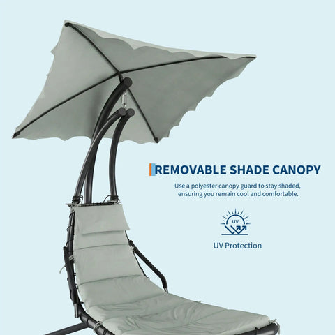 Outdoor Chaise Lounger Swing Chair With Umbrella Canopy Hanging Patio Chair With Stand Curved Steel Cantilever Lounge
