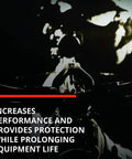 Close-up of a crossbow with text emphasizing increased performance and protection, part of Crossbow Maintenance Three Pack With String Snot Bow Snot And Rail Snot Lubes For Smooth Operation Odorless Formula USA Made Increases Durability And Performance In Extreme Cold Keeps Rails And String Lubricated.
