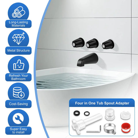 Tub Shower Trim Kit With Four In One Tub Spout Adapter, Shower Knob, And Bath Spout For Half Inch Copper Pipe And Three Quarter Inch IPS Connections, Matte Black Finish, Compatible With Verve Tub Faucet Handles, installed with water-filled tub.