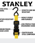 One Inch X Twelve Foot Ratchet Straps Four Pack featuring ergonomic padded grips and heavy duty black steel clamps, detailed view of S-hook and strap.