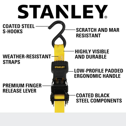 One Inch X Twelve Foot Ratchet Straps Four Pack featuring ergonomic padded grips and heavy duty black steel clamps, detailed view of S-hook and strap.