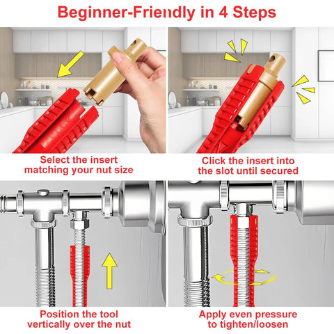 Step-by-step guide using 8 In 1 Faucet And Sink Installer Wrench For Plumbing Repairs with red handle and aluminum insert.