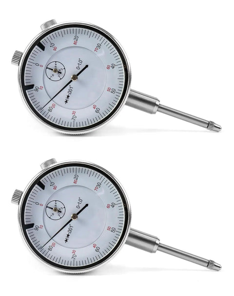 Two Pack 0 To 1 Inch Dial Indicator With Carbide Anvil And 0.001 Inch Resolution, Interchangeable Flat And Lug Back, 2 Inch Dial