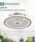 Flush Mount Ceiling Fan With Remote And Dimmable LED Light 19In 6 Speeds in white, viewed from below against a brick wall.