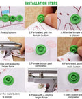 Installation steps for 100 Sets Plastic Snap Buttons Size 20 T5 Glossy Round Resin Fasteners on cloth; perforating and fastening.