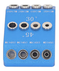 Top Shelf Aluminum Drill Guide Jig For Dead On 30 45 90 Degree Holes with marked angles and sizes for precise woodworking.