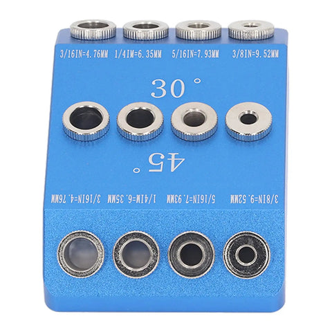 Top Shelf Aluminum Drill Guide Jig For Dead On 30 45 90 Degree Holes with marked angles and sizes for precise woodworking.