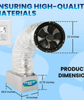 High Airflow Ultra Quiet Whole House Fan Featuring Energy Savvy German Engineered Motor dimensions with duct and control panel.