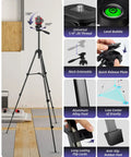 Badass 67 Inch Aluminum Laser Level Tripod With Smooth Flip Locks Quick Release Plate And Precise Vials, featuring extendable neck and level bubble.