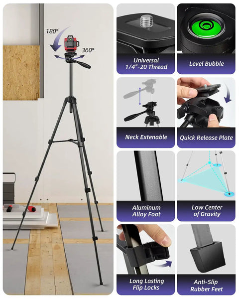 Badass 67 Inch Aluminum Laser Level Tripod With Smooth Flip Locks Quick Release Plate And Precise Vials, featuring extendable neck and level bubble.