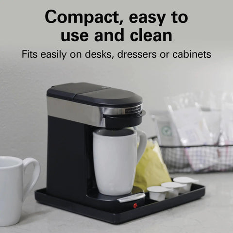 Compact 1 Cup Coffee Maker For Office Use on desk, single serve pod brewer, black and stainless steel, with mug, 3 minute brew time.
