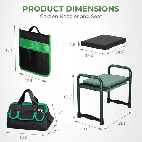 Foldable Garden Kneeler Seat Bench With Cross Body Tool Bag And Removable Pouch Heavy Duty Stool dimensions and accessories