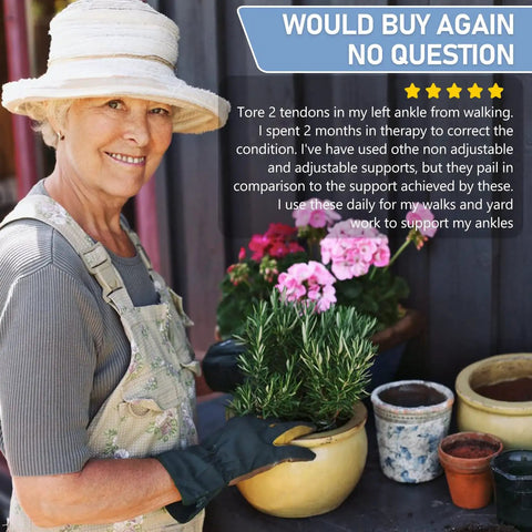 Elderly woman gardening, wearing hat with text praising Ankle Support Brace 2 Pack For Women And Men, Breathable Adjustable Ankle Stabilizer.
