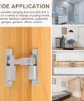 Silver tone Durable 90 180 Degree Barn Door Lock Latch Kit installed on wooden door with various application settings shown.
