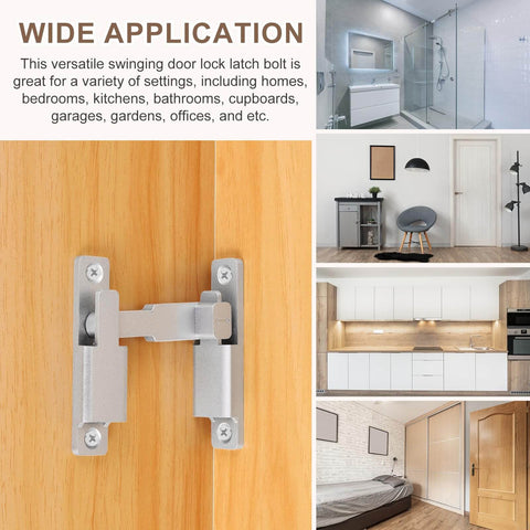 Silver tone Durable 90 180 Degree Barn Door Lock Latch Kit installed on wooden door with various application settings shown.