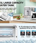 Slick Portable Countertop Ice Maker With Square Cube Batches And Smart Infrared Tracking For Fresh On Demand Chill Plus No Sweat Pullout Drawer And Auto Shut Off, showcasing 1.5L water tank and ice making process.