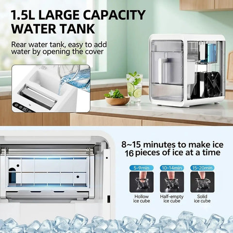 Slick Portable Countertop Ice Maker With Square Cube Batches And Smart Infrared Tracking For Fresh On Demand Chill Plus No Sweat Pullout Drawer And Auto Shut Off, showcasing 1.5L water tank and ice making process.