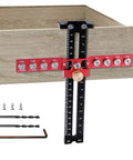 Adjustable Cabinet Hardware Jig And Handle Template Tool Crafted From Heavy Duty Aluminum For Smooth Woodworking Projects No Sweat Drilling Rock Solid Accuracy shown mounted on drawer.