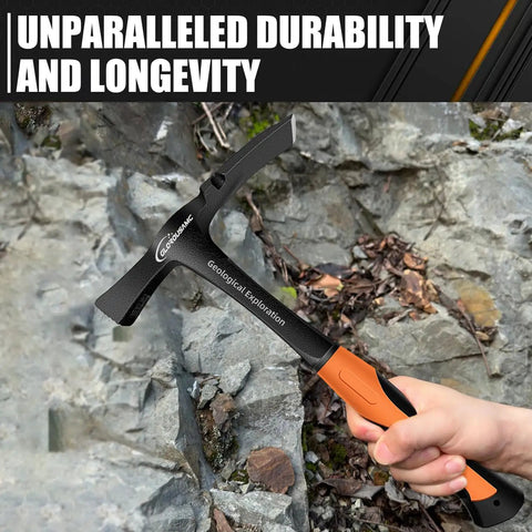 36 Oz Rock Pick Hammer Heavy Duty Masonry and Bricklayer Tool With Comfortable Rubber Grip used for geological fieldwork.