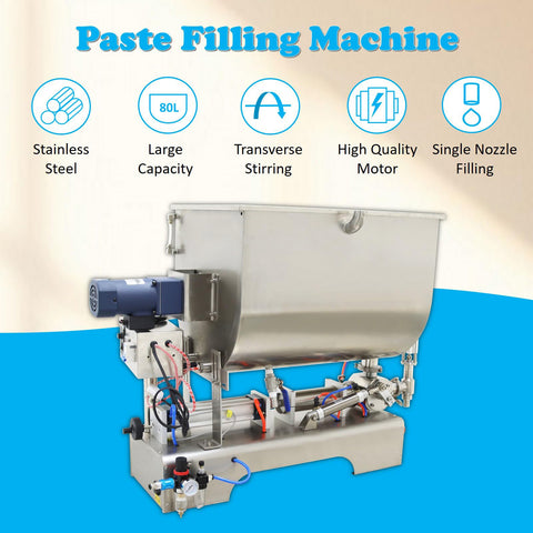 Built Like A Tank Horizontal Pneumatic Filling Machine With 80 Liter Heating Mixing Hopper And Stainless Steel Liquid Paste Filler Featuring 50 To 500 Milliliter Single Nozzle For 110V Production Lines