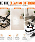 Pressurized Handheld Steam Cleaner Knocking Out Grease And Grime Like A Boss For Your Whole House Chemical Free Cleanup Stays Gentle On Pets And Toddlers Includes Ten Piece Accessory Kit For Cars Couches Grout Tile And Wood Floors showing kitchen, bathroom tile, and sink cleaning.