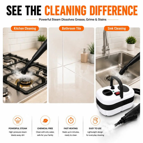Pressurized Handheld Steam Cleaner Knocking Out Grease And Grime Like A Boss For Your Whole House Chemical Free Cleanup Stays Gentle On Pets And Toddlers Includes Ten Piece Accessory Kit For Cars Couches Grout Tile And Wood Floors showing kitchen, bathroom tile, and sink cleaning.