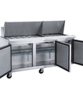 Heavy Duty Commercial Workhorse Food Prep Table Refrigerator With Three Door Stainless Steel Mega Top Etl Upright Salad Fridge Cooler And Merchandiser 17 Cubic Feet showing open doors and preparation area.