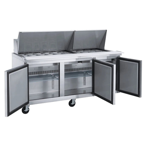 Heavy Duty Commercial Workhorse Food Prep Table Refrigerator With Three Door Stainless Steel Mega Top Etl Upright Salad Fridge Cooler And Merchandiser 17 Cubic Feet showing open doors and preparation area.