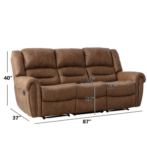 Manual Recliner Sofa Set With Overstuffed Arms And High Back Faux Leather 3 Piece Couch In Nut Brown Vintage Rivet Trim