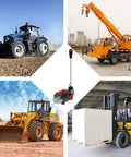 Hydraulic flow control valve with joystick center; collage shows tractors, loader, forklift, and crane truck (6 items).
