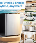 Compact 2.1 Cu Ft Upright Freezer With Reversible Door And Adjustable Thermostat For Dorms And Apartments on a sandy surface with kitchen and RV settings.