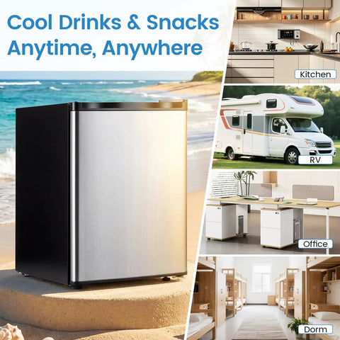 Compact 2.1 Cu Ft Upright Freezer With Reversible Door And Adjustable Thermostat For Dorms And Apartments on a sandy surface with kitchen and RV settings.
