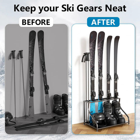 Rock Solid Freestanding Ski Storage Rack For Garage Designed With Zero Hassle To Store Your Snowboards And Boots While Granting Lightning Fast Access For Gnarly Winter Runs, showcasing before and after organization.
