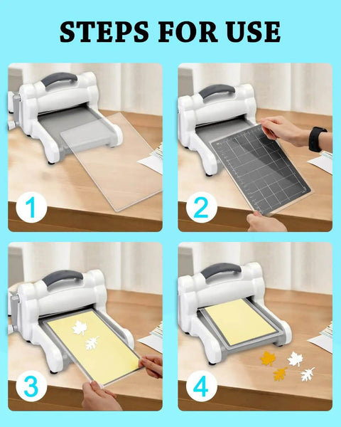 Steps showing how to use the Pro Grade Magnetic Die Cutting Shim And Cutting Pads Kit 9x6 Inch Magnetic Mat for crafting in four stages.