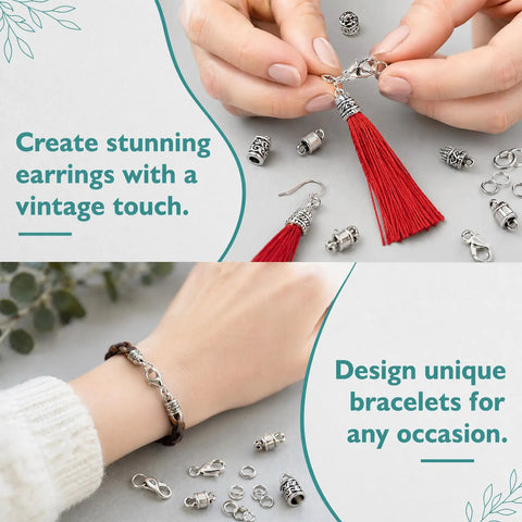 Hands using All In One Tibetan Style Cord End Caps Kit 112 Pcs With Silver End Caps Lobster Claps Jump Rings for making jewelry.